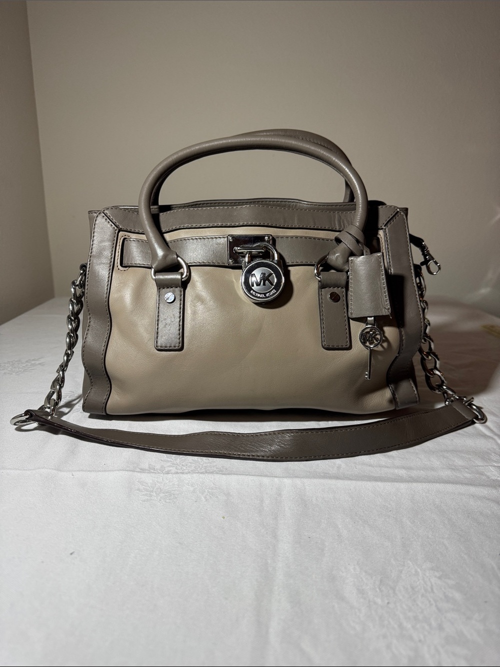 Michael Kors Two-Tone Taupe and Dark Taupe Leather Satchel